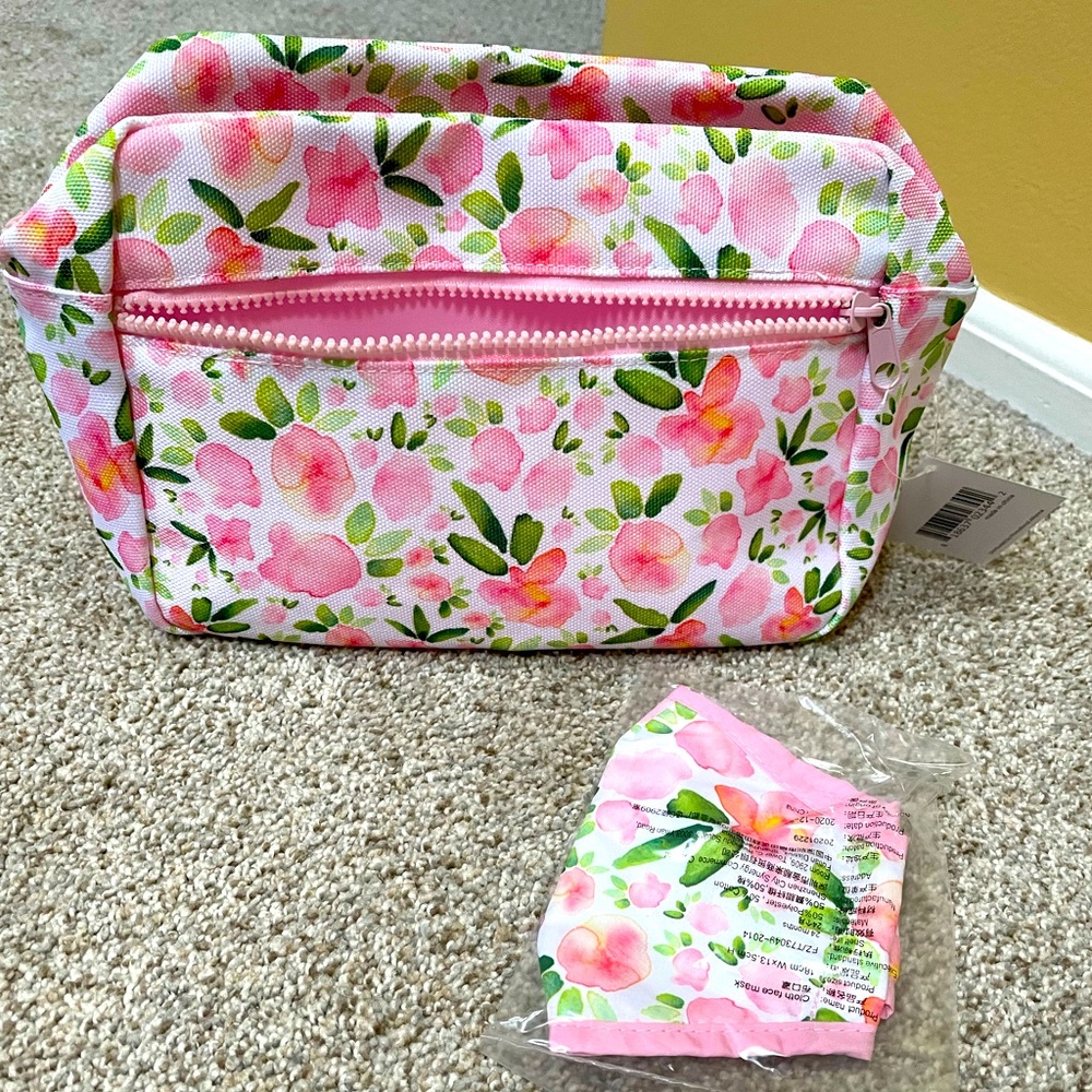 Large floral cosmetic case with matching facemask